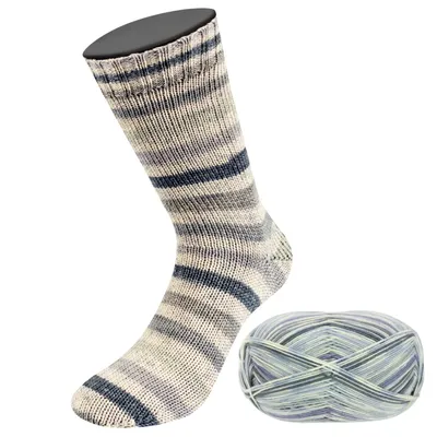 Zdjęcie produktu dla Meilenweit, 100 g, wełna merino "Extrafine Denim Mix" (do skarpet), kolor: 2604 - ecru/jasnoszary/średnioszary/ciemnoszary