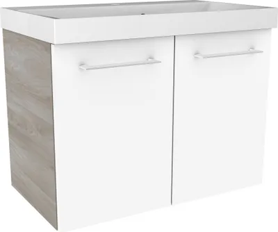 Produktbild von FACKELMANN LIMA Badmöbel Set 2 Teile / Gussmarmor Waschbecken / Waschbeckenunterschrank mit 2 Türen / hochwertiger Badschrank mit Soft-Close / Korpus: Braun hell / Front: Weiß / Breite: 60 cm