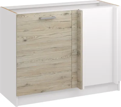 A white and wood-grain kitchen cabinet unit.