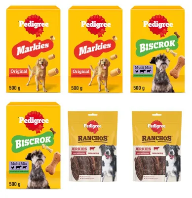 Zdjęcie produktu dla Pedigree Zestaw Przysmaków Ciasteczka 4x500g + Ranchos Jerkies 2x70g Z Wołowiną