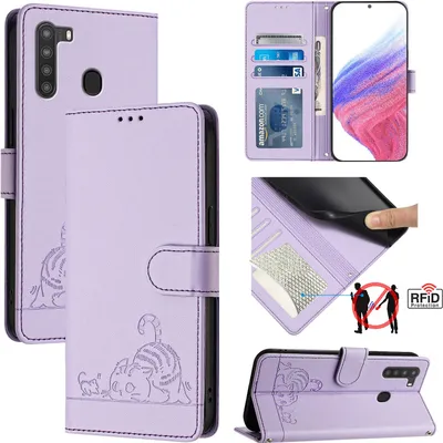 Image de Etui en cuir pour Samsung Galaxy A21, étui à rabat avec fonction stand et portefeuille Violet