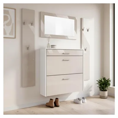 Produktbild von Garderoben-Set Roma Air 4-teilig, Moderne Flurgarderobe mit Schuhschrank, 2 Wandpaneelen und Wandspiegel für Flur und Eingangsbereich, Weiß matt/Sandgrau Hochglanz