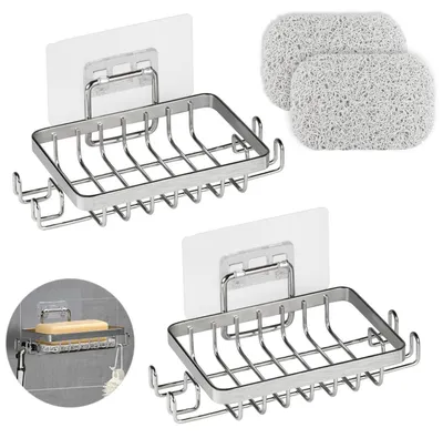 Immagine prodotto di Porta sapone da doccia, 2 pezzi, acciaio inossidabile 304, adesivo, con gancio e supporto per sapone, colore argento
