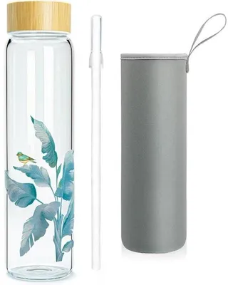 Productafbeelding van Glazen Waterfles met Rietje en Bamboedop 1L