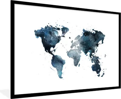 Produktbild von MuchoWow® MuchoWow® Gerahmtes Poster Weltkarte - Blau - Abstrakt 90x60 cm - Poster mit zchwarzem Bilderrahmen - Wanddekoration - Fotos