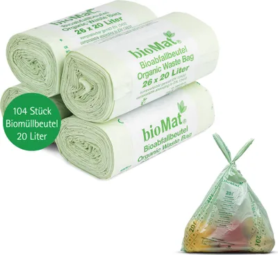 Immagine prodotto di bioMat Sacchetti per rifiuti organici compostabili da 20 litri con maniglia per il trasporto, 104 sacchetti per rifiuti organici, DINplus, neutrali dal punto di vista climatico,  Germany