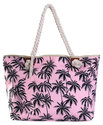 Imagen del producto de Bolso de playa grande, resistente al agua, con cierre de cremallera - Diseño de palmeras en color rosa