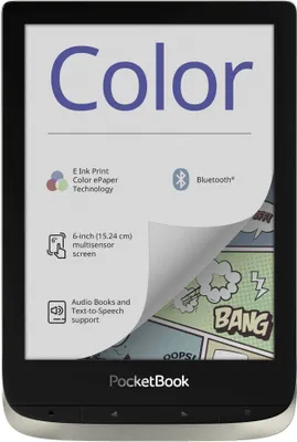 Produktbild von PocketBook Color, 15,2 cm (6"), E-Tinte Kaleido, 1072 x 1448 Pixel, CBR, CBZ, CHM, DOC, DOCX, DjVu, EPUB DRM, FB2, FB2.ZIP, HTM, HTML, MOBI, PDF, PRC, RTF, TXT, ePub, M4A, M4B, MP3, OGG, BMP, JPEG, PNG, TIFF