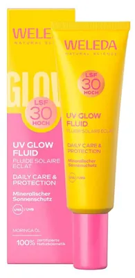 Obrázok produktu pre Weleda UV Glow Fluid SPF 30, Opaľovací krém, Tvár, Rúra, Ochrana, Zjasnenie, Hydratačný, Výživný, Univerzálna pleť, Citlivá pokožka, 30 ml