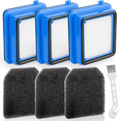 A set of vacuum cleaner filters and a cleaning brush are displayed against a white background.