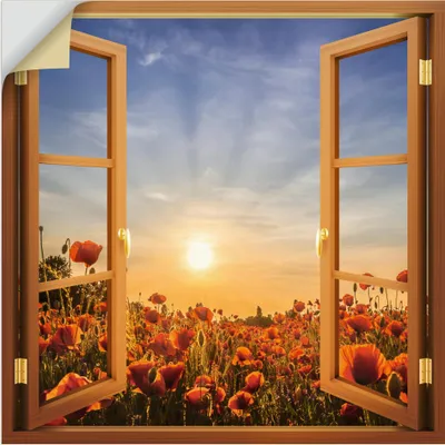 Produktbild von ARTland Wandbild, selbstklebend Untergehende Sonne im Mohnblumenfeld Größe: 30x30 cm