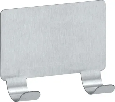 A silver bathroom squeegee holder with two hooks.