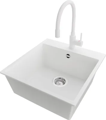Produktbild von PRIMAGRAN Granitspüle Weiß 48x50cm, Spülbecken 1 Becken + Küchenarmatur 38x14cm + Ablauf-Set, Küchenspüle ab 50er Unterschrank - Riga
