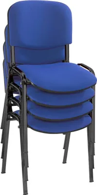 A stack of blue upholstered chairs with black metal frames.