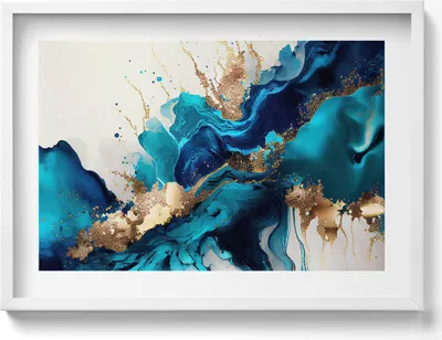 Produktbild von Flüssige Abstraktion mit Gold– Wandbild mit Rahmen – Gerahmtes Bild  – Wanddekoration – 70x50 cm –  Weiß Rahmen