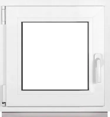 A white window frame with a clear glass pane and a white handle.