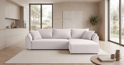 Image de Canapé d’angle SYDNEY droit blanc velours côtelé Poso 100 - fonction couchage, coffre de rangement pour la literie