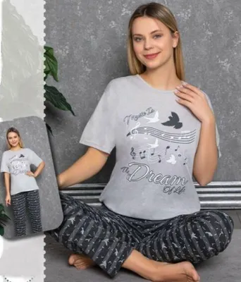 Produktbild von Damen Pyjama Schlafanzug Hellgrau XL Kurz 2-Teiler Set C-82