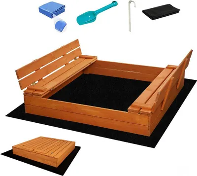 Produktbild von Baby Mix Holzsandkasten mit Abdeckung und Bänken 120x120 cm