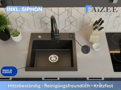 Produktbild von [Granitspüle 48x50 +Spülkorb+ Armatur] Hochwertige Eckige Granit Spülbecken f. Unterschränke ab 45 cm inkl.Siphon Set, Farbe:Schwarz