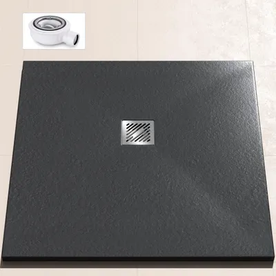 Produktbild von doporro Duschwanne Duschtasse 100x100x3cm aus Mineralguss in Anthrazit Rechteckig DIN-Anschlüsse für bodenebene Montage geeignet inkl. Ablaufgarnitur Geoma09