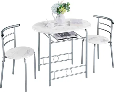 A white marble patterned dining set for two, consisting of a round table and two chairs, set against a white background.