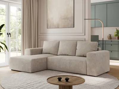 Produktbild von MKS MEBLE Sofa mit Schlaffunktion - Ecksofa mit Schlaffunktion und Bettkasten - Sofa 3 Sitzer - Schlafsofa - Couch - Schlafsofa mit Bettkasten - Trentino L - Beige Stukture - Links