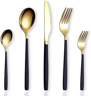 Produktbild von Geschmiedetes Besteckset, 30-teilig, Edelstahl, Gold und Schwarz, Waschmaschinenfest