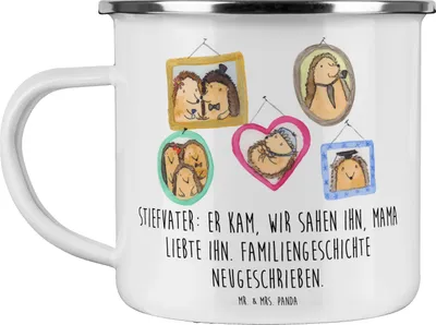 Produktbild von Mr. & Mrs. Panda Teetasse Stiefvater Liebe - Weiß - Geschenk, Emailletasse, wandertasse, Geschenke, Familie, Emaille Tasse, Teebecher, persönliche Erinnerungen, Pott