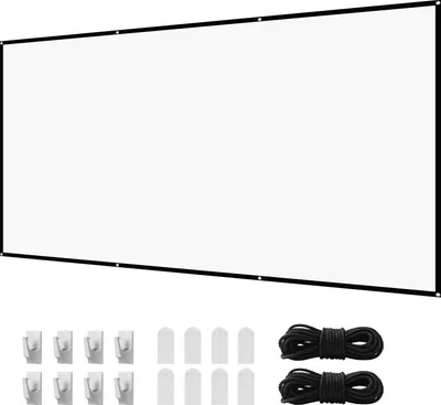 A white projection screen with a black border, laid out flat, with accessories like hooks and ropes shown below.