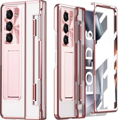 Immagine prodotto di Custodia per Samsung Galaxy Z Fold 6, protezione del display e delle lenti, custodia trasparente galvanizzata con supporto oro rosa