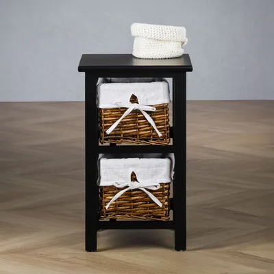 Produktbild von Nachttisch NOKOMIS mit zwei Weidenkörben - kleine Nachtkommode schwarz, Nachtschrank aus Holz, Beistelltisch landhaus