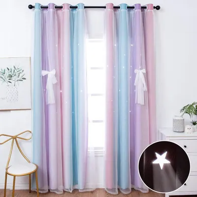 Productafbeelding van Verduisterende Gordijnen - Kindergordijnen Sterrenhemel - Slaapkamer Decoratie - Dubbellaags Uithollen - 132 x 160 cm - Roze Paars
