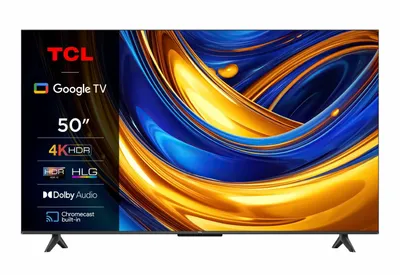 A TCL television displaying abstract colorful artwork, with product specifications listed on the left side.