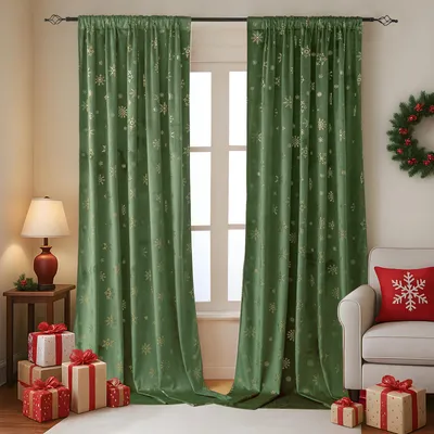 Produktbild von Samtvorhänge 2er Set Blickdicht Vorhänge mit Goldenen Schneeflocken Samt Weihnachten Gardinen für Wohnzimmer Schlafzimmer, Grün, B132xH214cm