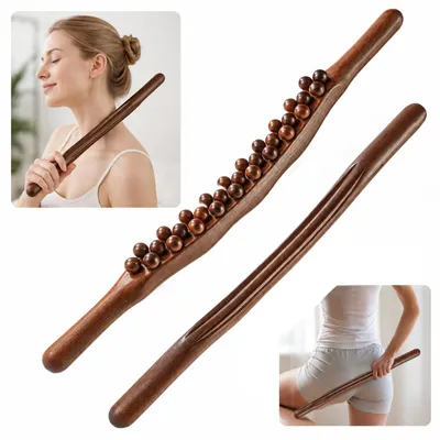 Produktbild von Massagestab Holz mit 31 Holzkugeln, Massage Roller für Rücken, Nacken und Beine, Faszienmassage, Gua-Sha-Stab, 2-in-1 Massagegerät