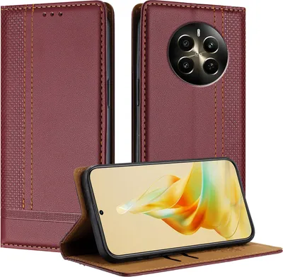 Produktbild von Handyhülle für Realme 12+ Leder Flip Klappbare Schutzhülle mit Standfunktion Dunkelrot