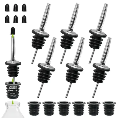6 Ausgießer für Ölflaschen + 6 Adapter, Edelstahl, konisch, schwarz