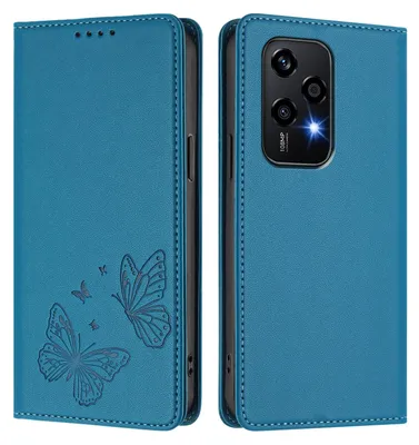 Produktbild von Lederhülle für Honor 200 Lite, Schmetterling Prägung Leder Brieftasche Schutzhülle mit Ständer Blau
