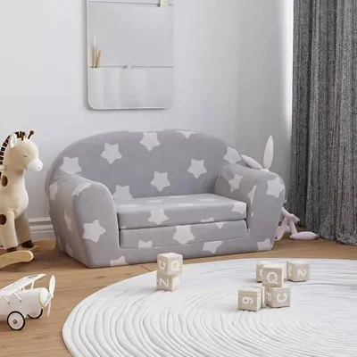 Produktbild von Kinder-Schlafsofa 2-Sitzer Hellgrau mit Sternen, weicher Plüsch, 84 x 90 x 45 cm, abnehmbarer Bezug, platzsparend, komfortabel für Kinderzimmer und Babyzimmer