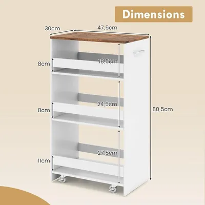 Obrázek produktu pro Úzký kuchyňský vozík se 4 úrovněmi s rukojetí a zábradlím, bílý