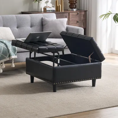 Produktbild von Großer Quadratischer Aufbewahrungsstuhl, Anhebbare Bank mit Stauraum, für Wohnzimmer Schlafzimmer, Gepolsterte Aufbewahrungsbox, Schwarz, Kunstleder