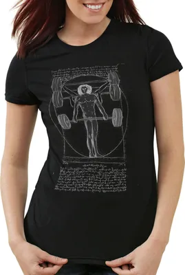 Produktbild von style3 Vitruvianischer Mensch mit Langhantel Damen T-Shirt kreuzheben fitnesstudio, Farbe:Schwarz, Größe:L