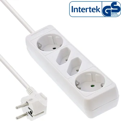 Produktbild von InLine Steckdosenleiste, 4-fach, 2x Schutzkontakt + 2x Euro, weiß, 5m, 5 m, Abgewinkelt, 1,5 mm², Weiß, Kunststoff, 2 AC-Ausgänge