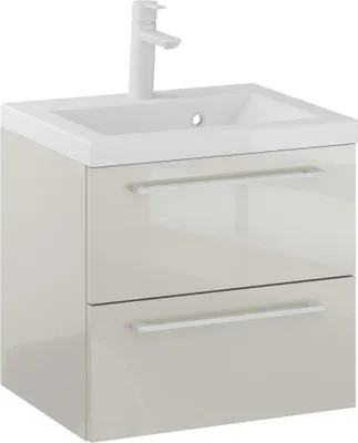 Produktbild von FURNI Waschtischunterschrank RON 50 cm - Kaschmir - Hängender Badschrank mit Mineralguss - Waschbecken - Griffe Weiß matt - Vormontiert