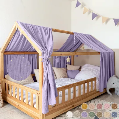 Produktbild von Musselin Hausbett Himmel für Kinderzimmer mit Gold Applikation