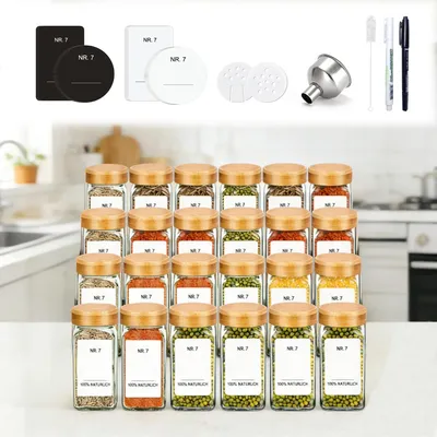 Produktbild von Gewürzgläser Set - 24 Gewürzgläser - Borosilikatglas 120 ml - Luftdichte Bambusdeckel - Wiederverwendbar - Natur Bambus