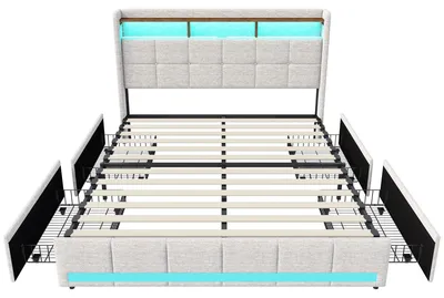 Image de Lit coffre avec rangement - Lit double 140x200 cm - 4 tiroirs - Éclairage LED et port USB - Sommier à lattes - Couleur : beige lin