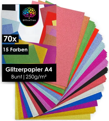 Produktbild von OfficeTree Glitzer Papier A4 - 70 Blätter in 15 Farben mit 250g/m² (wp)