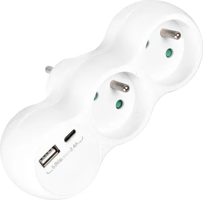 Obrázek produktu pro Vayox VA0358 Zásuvkový adaptér 2 přihrádky uzemněné francouzské zásuvky + USB-C 2,4A + USB-A 2,4A, bílý